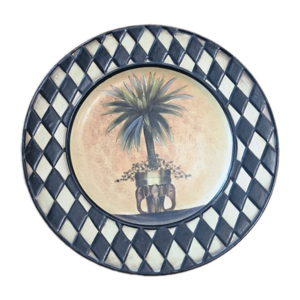 Home Interiors Accent Plate Palm Tree Elephant Planter Harlequin Safari Chic‎
